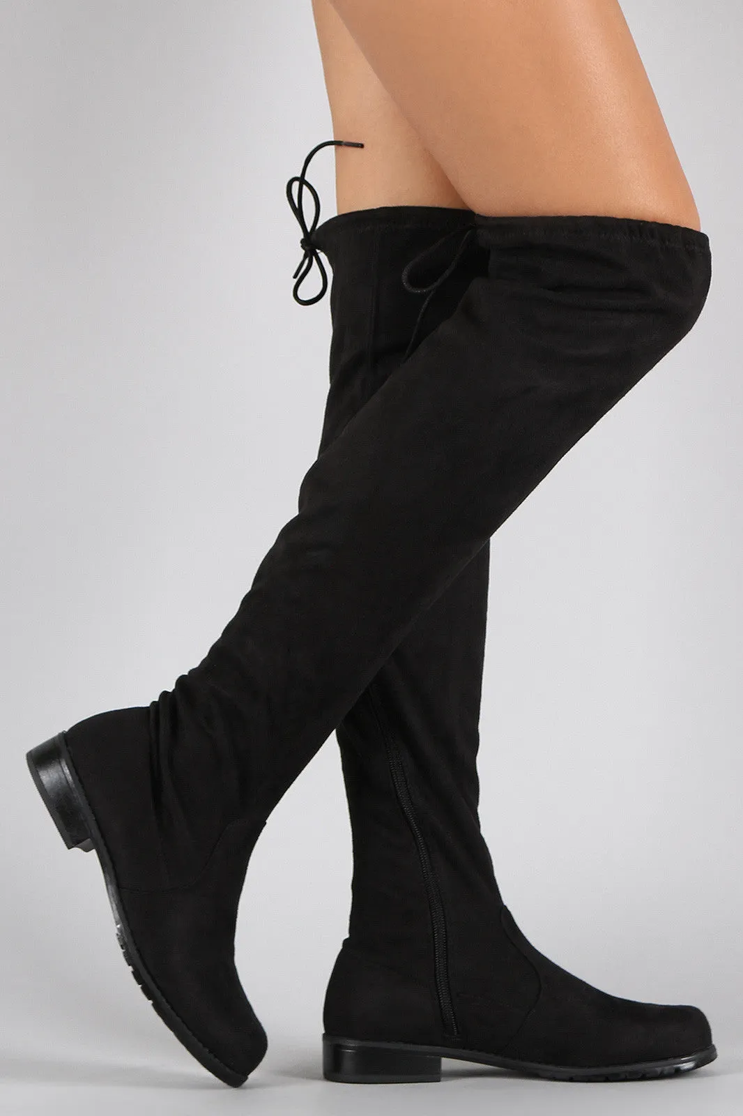 Bamboo Faux Suede Tied Flat Thigh High Boot