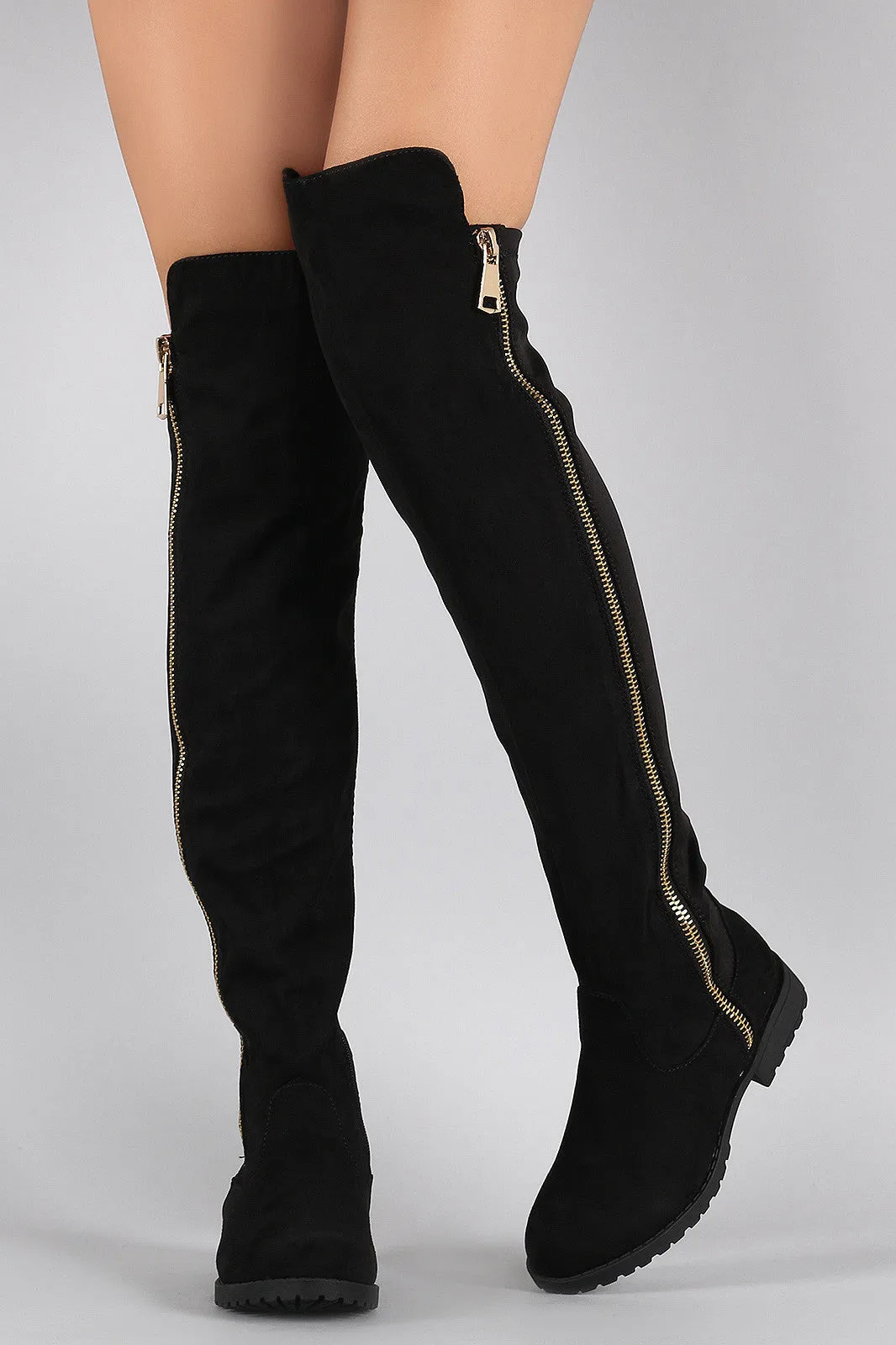 Bamboo Zipper Suede Stretchy Over-The-Knee Riding Boots