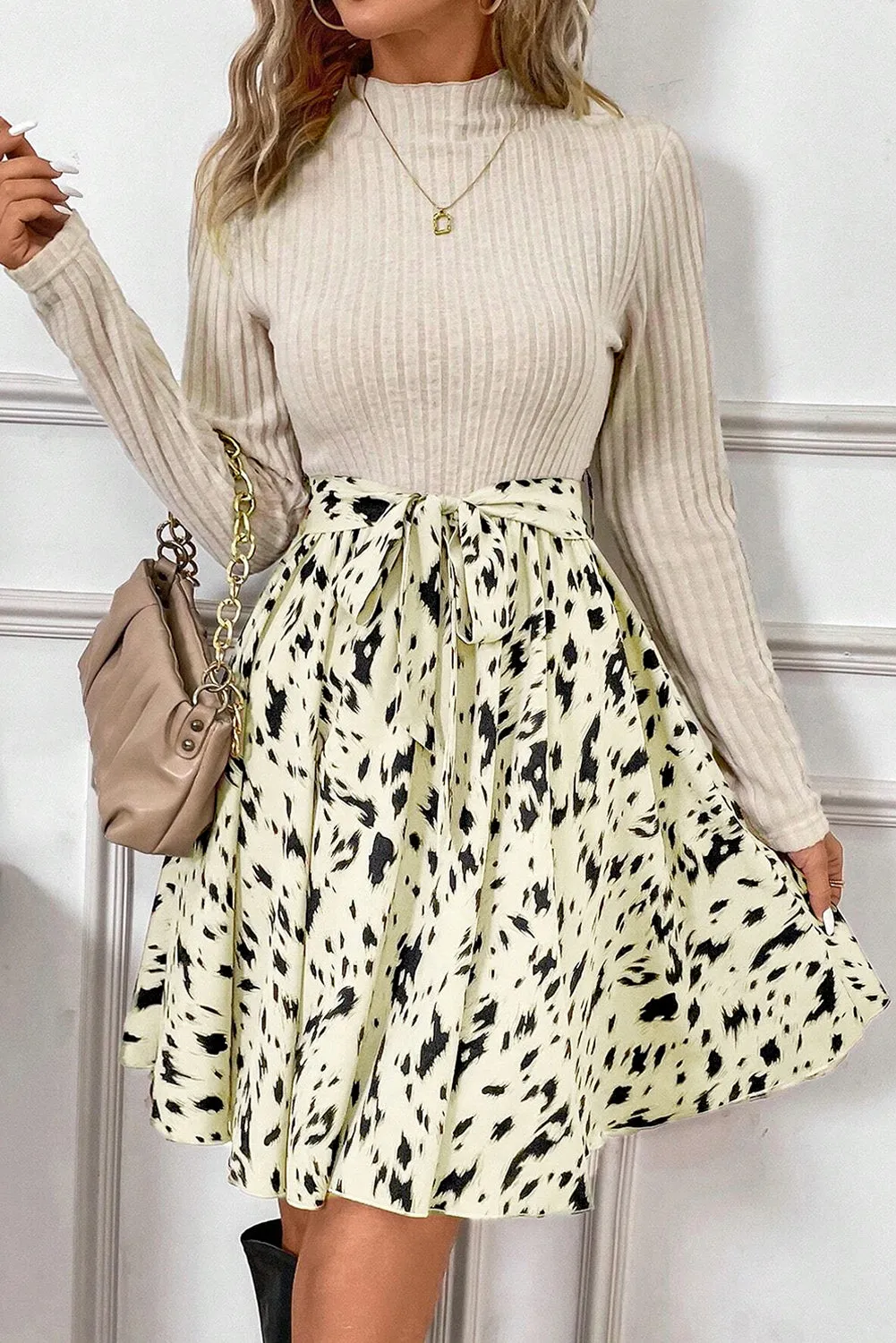 Beige Ribbed Knit Patchwork Printed Belted A-line Dress