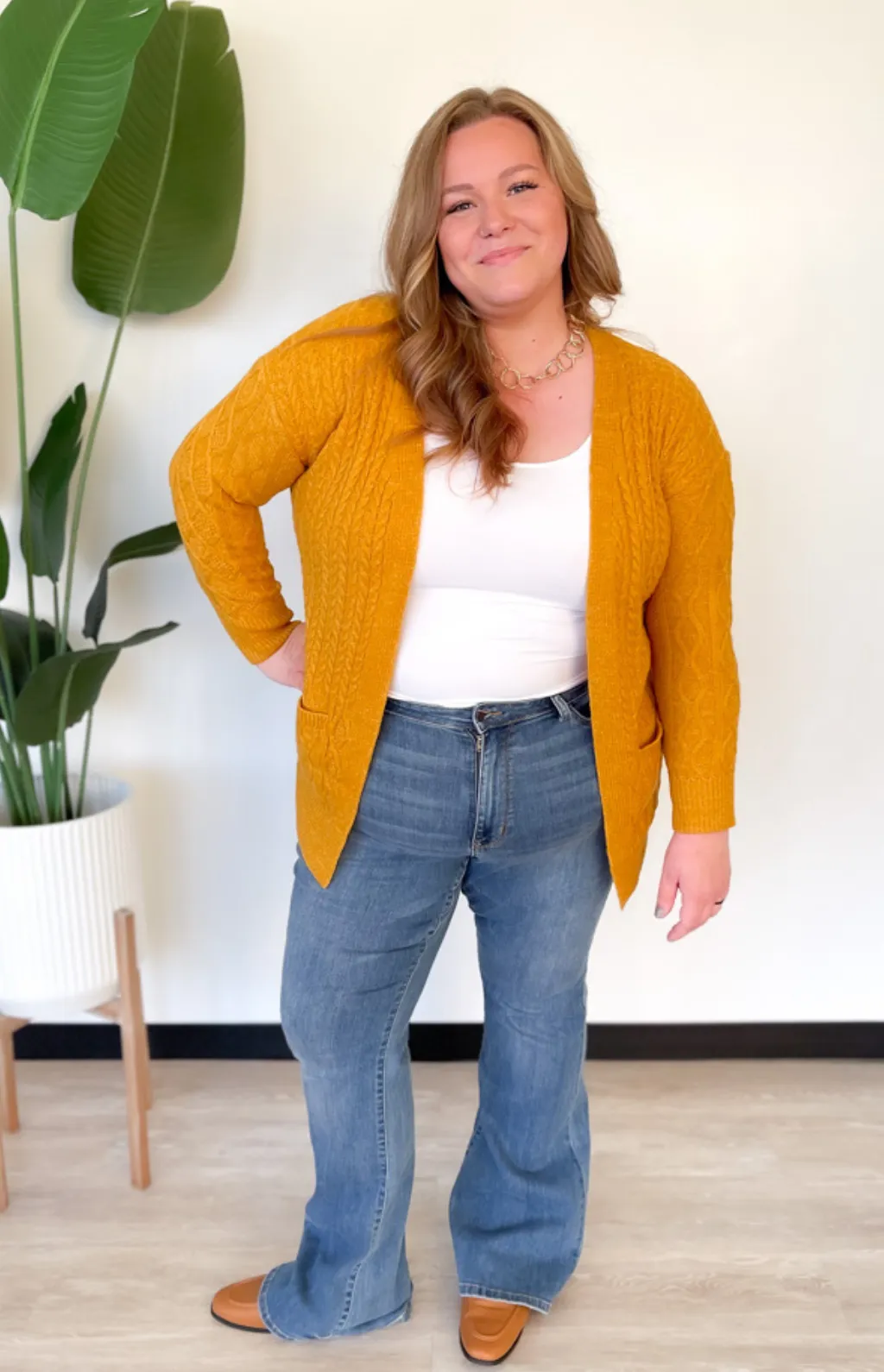 Brianna Mustard Cable Knit Cardigan-Curvy