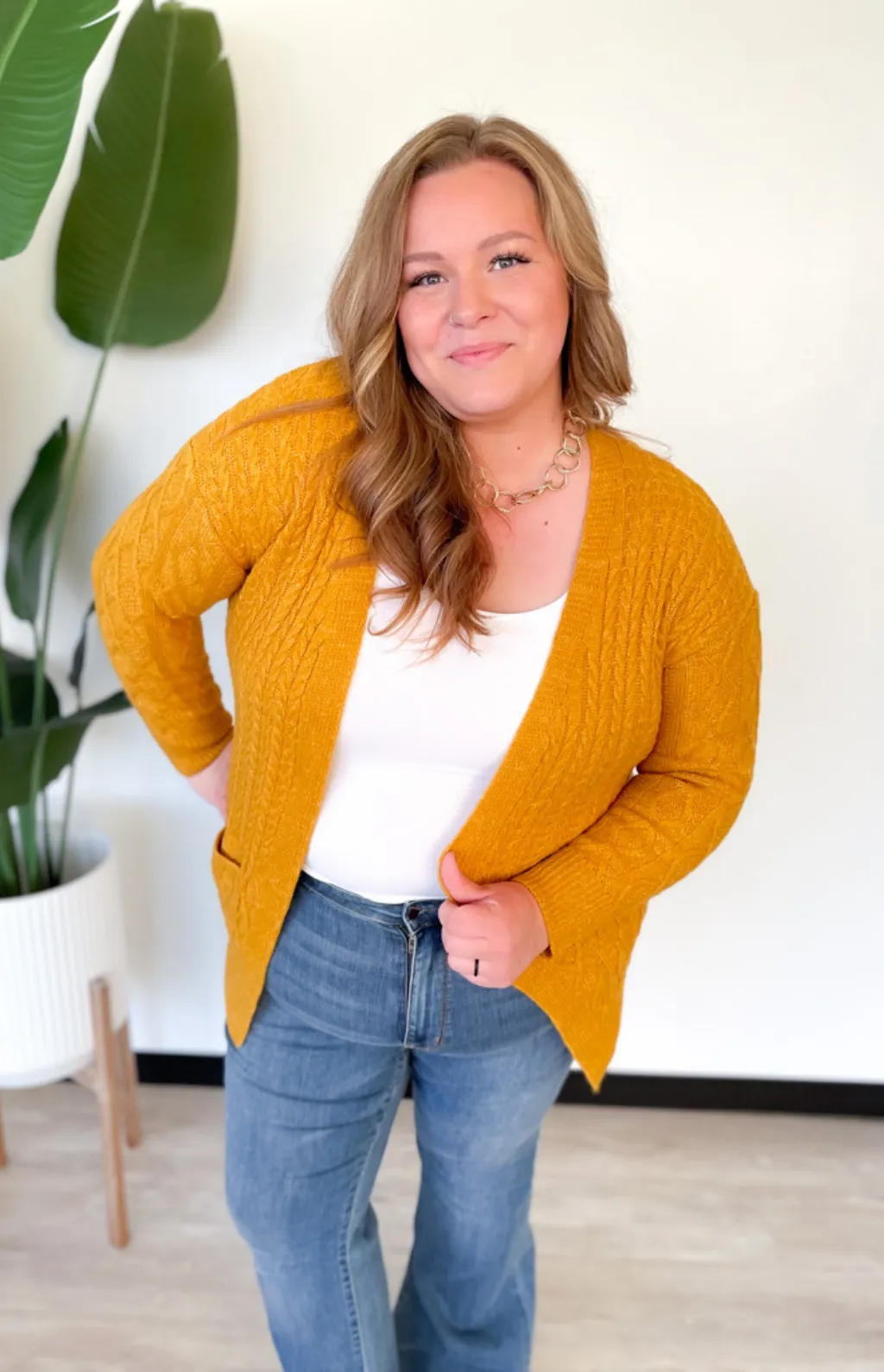 Brianna Mustard Cable Knit Cardigan-Curvy