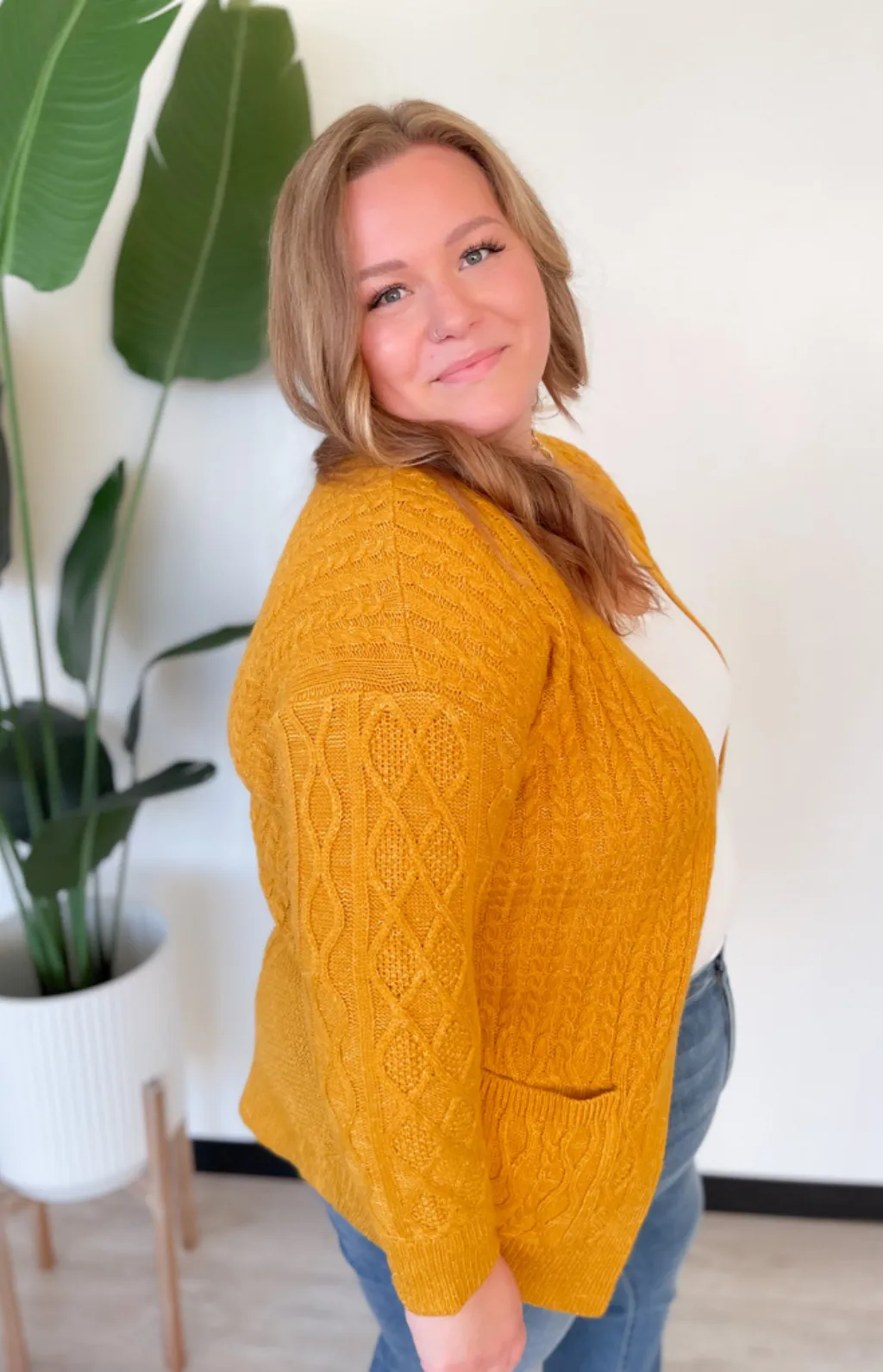 Brianna Mustard Cable Knit Cardigan-Curvy