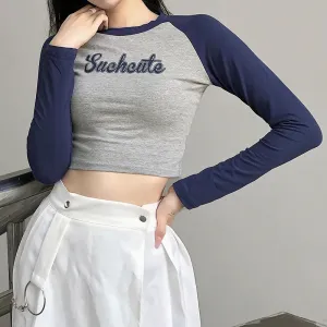 Casual Crop Top Cotton T-shirt Long Sleeve Tee with Letter Print