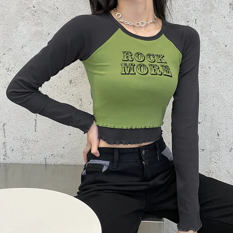 Casual Crop Top Cotton T-shirt Long Sleeve Tee with Letter Print