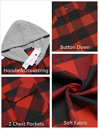 COOFANDY Men's Flannel Shirt Jacket Hooded Plaid Long Sleeve Button-Down Casual Shirts Red