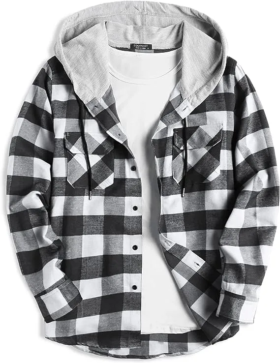 COOFANDY Men's Flannel Shirt Jacket Hooded Plaid Long Sleeve Button-Down Casual Shirts Red