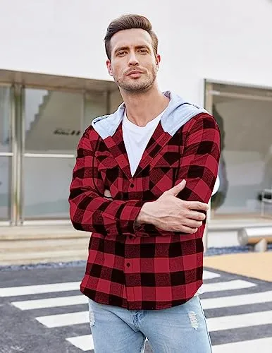 COOFANDY Men's Flannel Shirt Jacket Hooded Plaid Long Sleeve Button-Down Casual Shirts Red