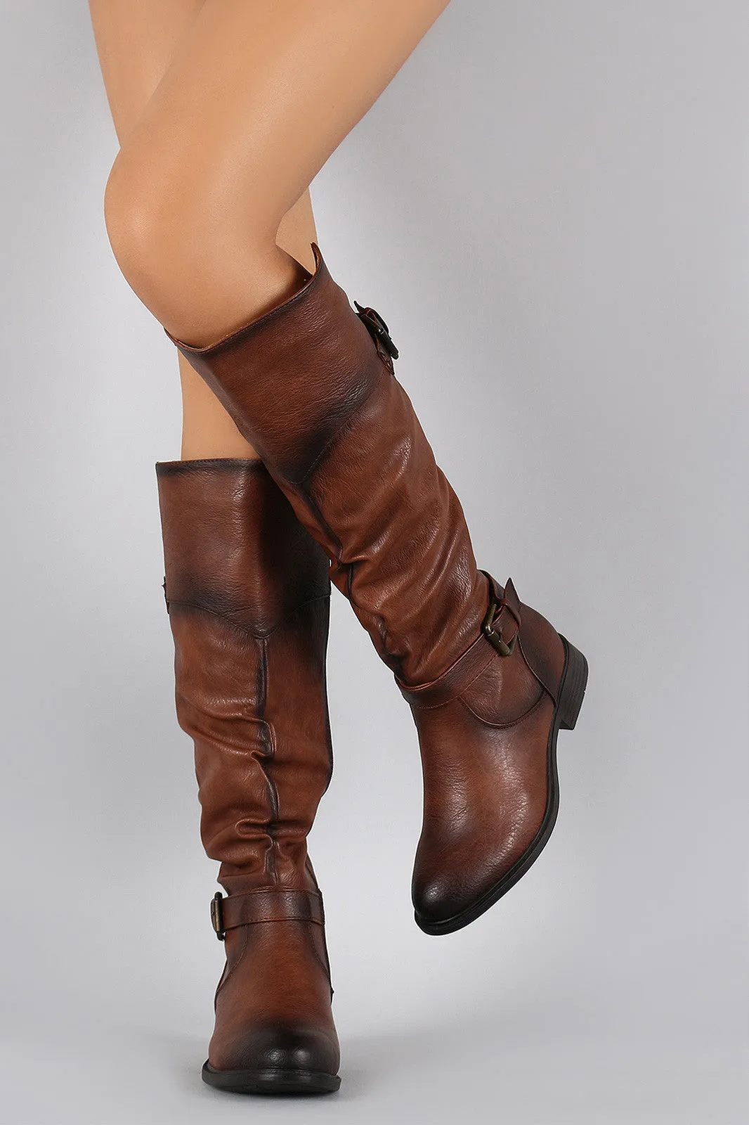 Crinkled Double Buckle Slouchy Riding Knee High Boot