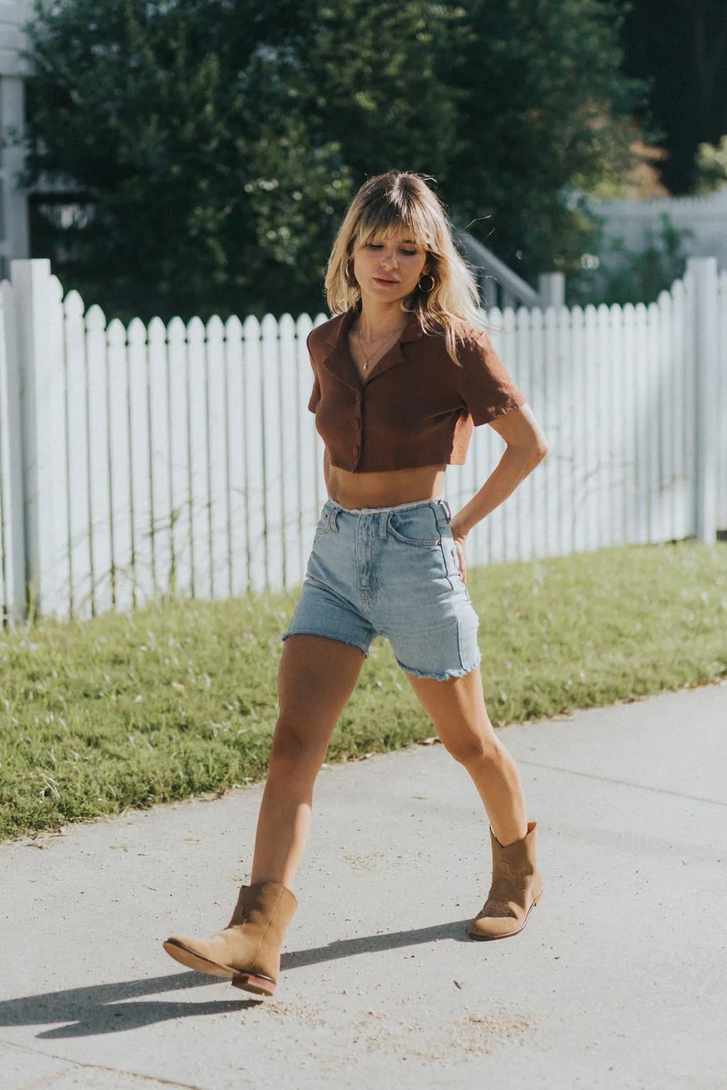 Daisy Round Toe Cowboy Ankle Boots - Brown Suede