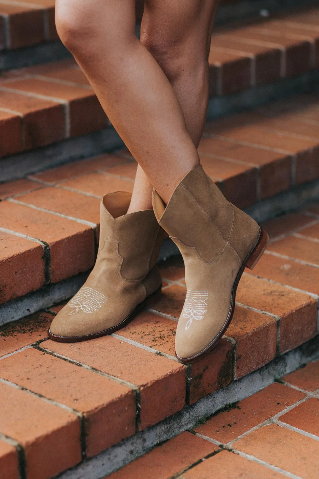 Daisy Round Toe Cowboy Ankle Boots - Brown Suede