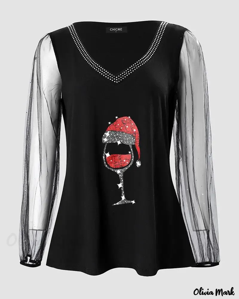 Deanwangkt - Contrast Tulle Long Sleeve Christmas Top with Wine Glass