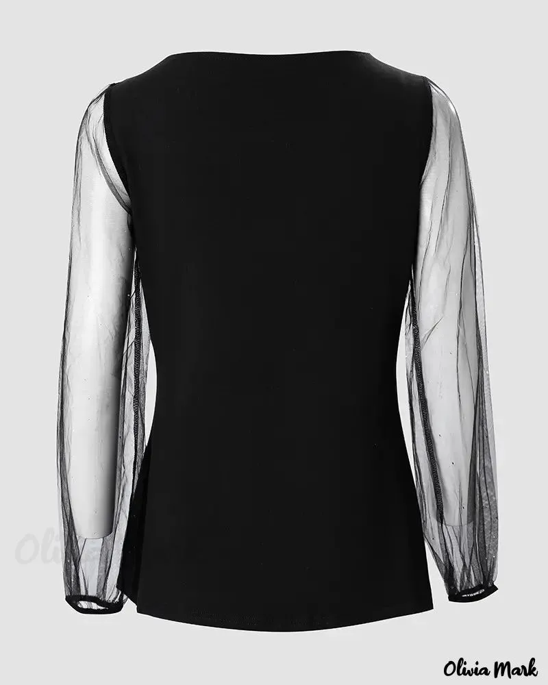 Deanwangkt - Contrast Tulle Long Sleeve Christmas Top with Wine Glass