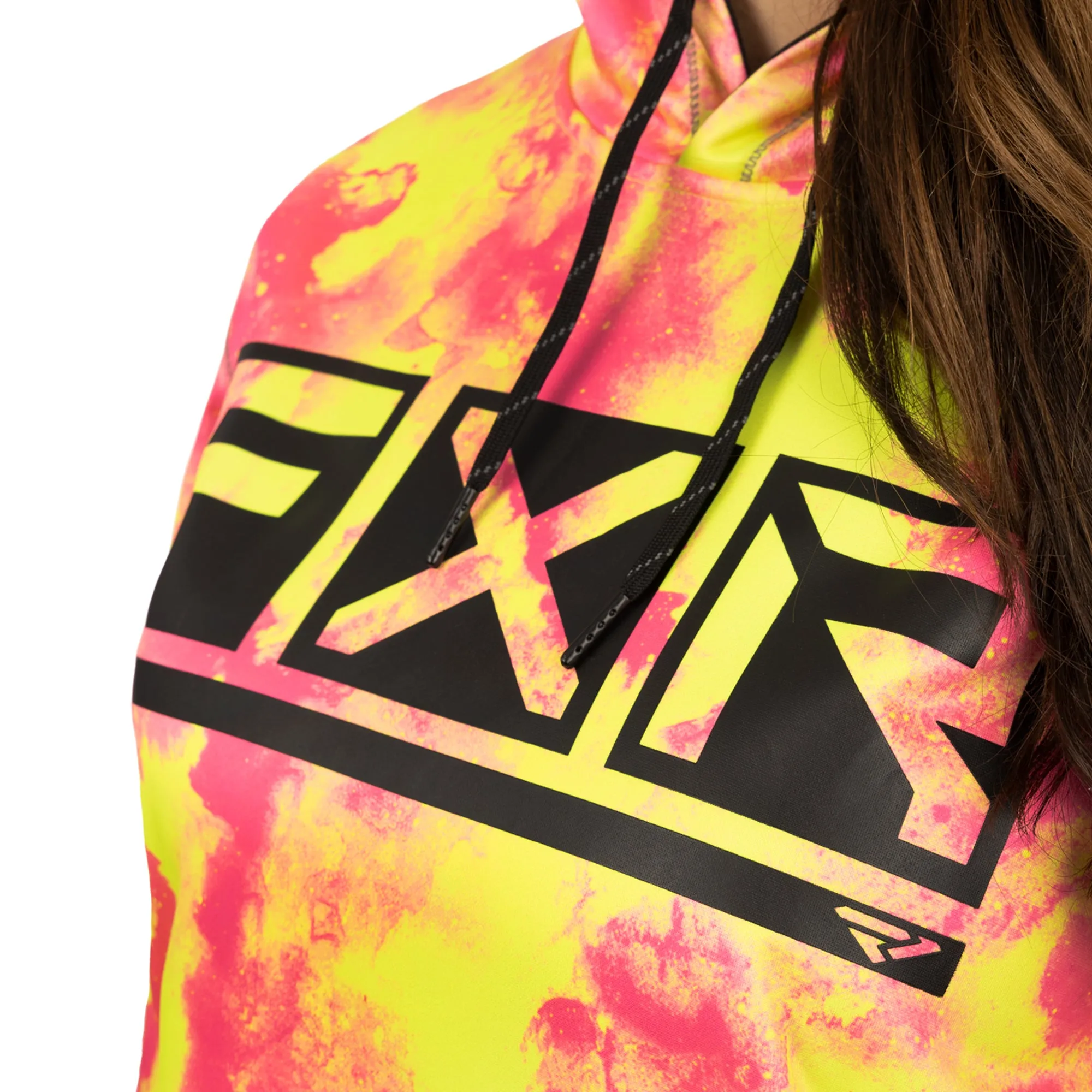 FXR  Podium Tech Pullover Hoodie Water Resistant Zippered Pouch Neon Acid Black