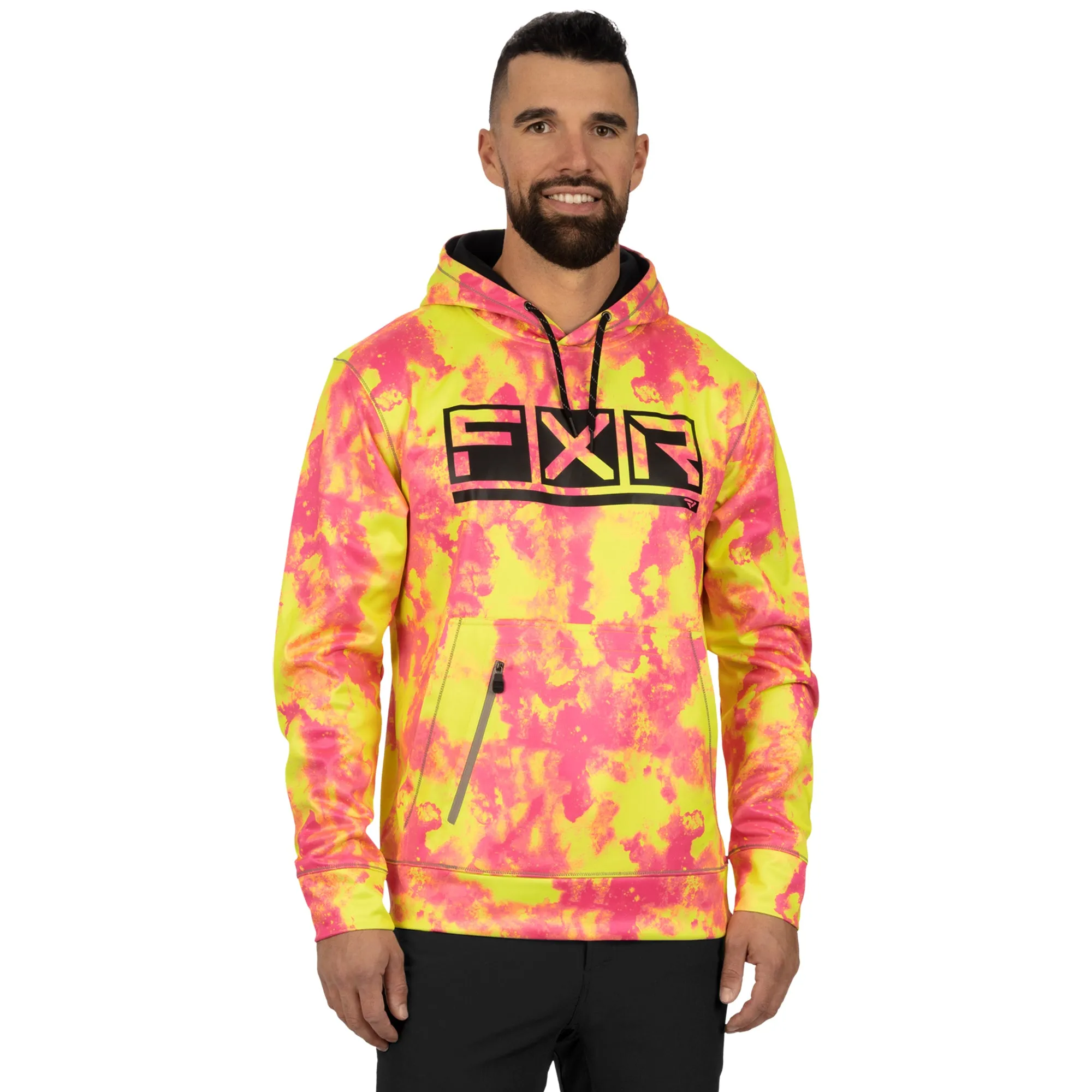 FXR  Podium Tech Pullover Hoodie Water Resistant Zippered Pouch Neon Acid Black