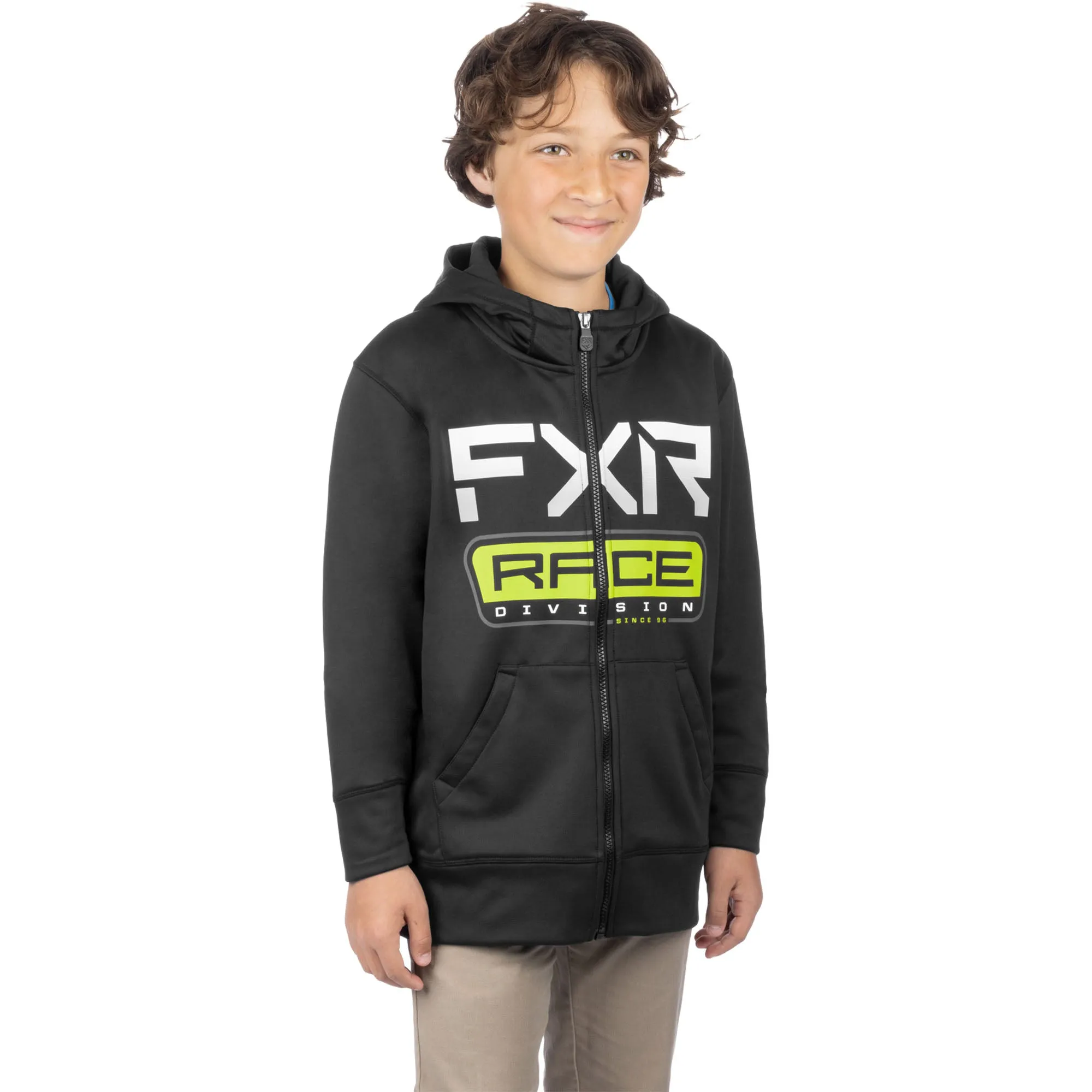 FXR  Youth Race Division Tech Hoodie Hoody Full Zip Front Pouch Black Hi-Vis