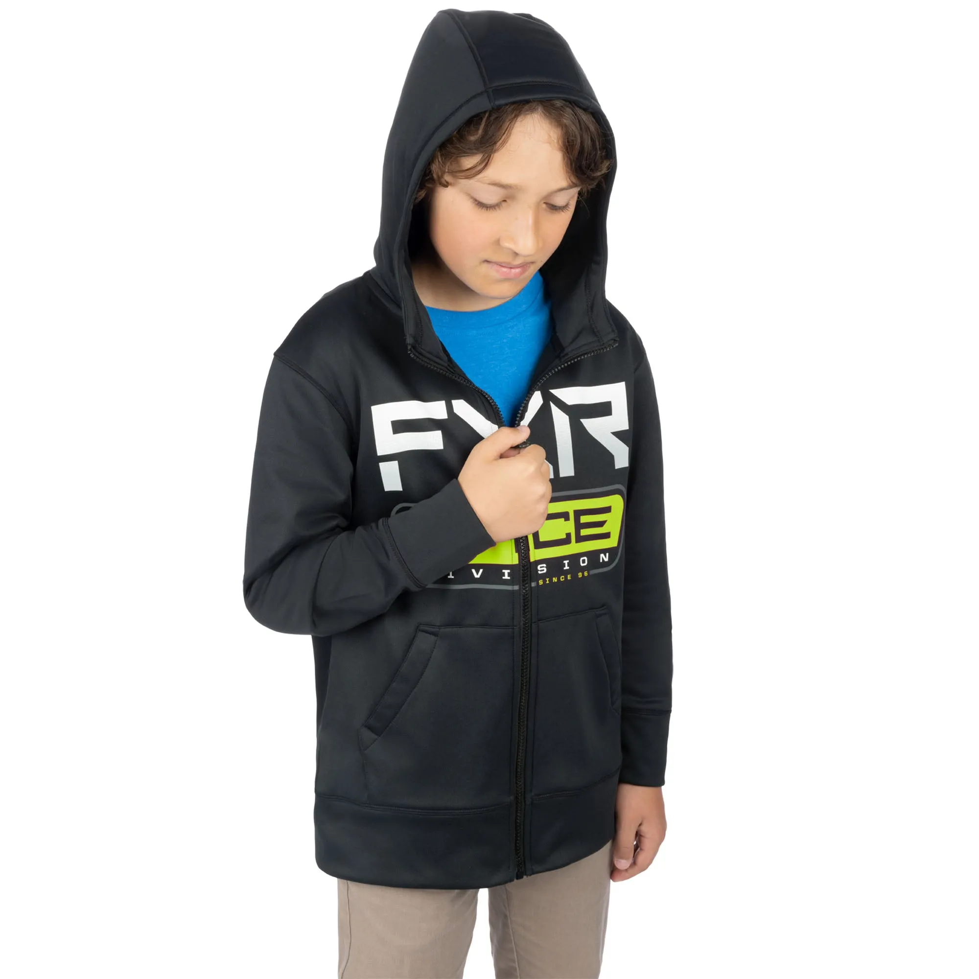 FXR  Youth Race Division Tech Hoodie Hoody Full Zip Front Pouch Black Hi-Vis