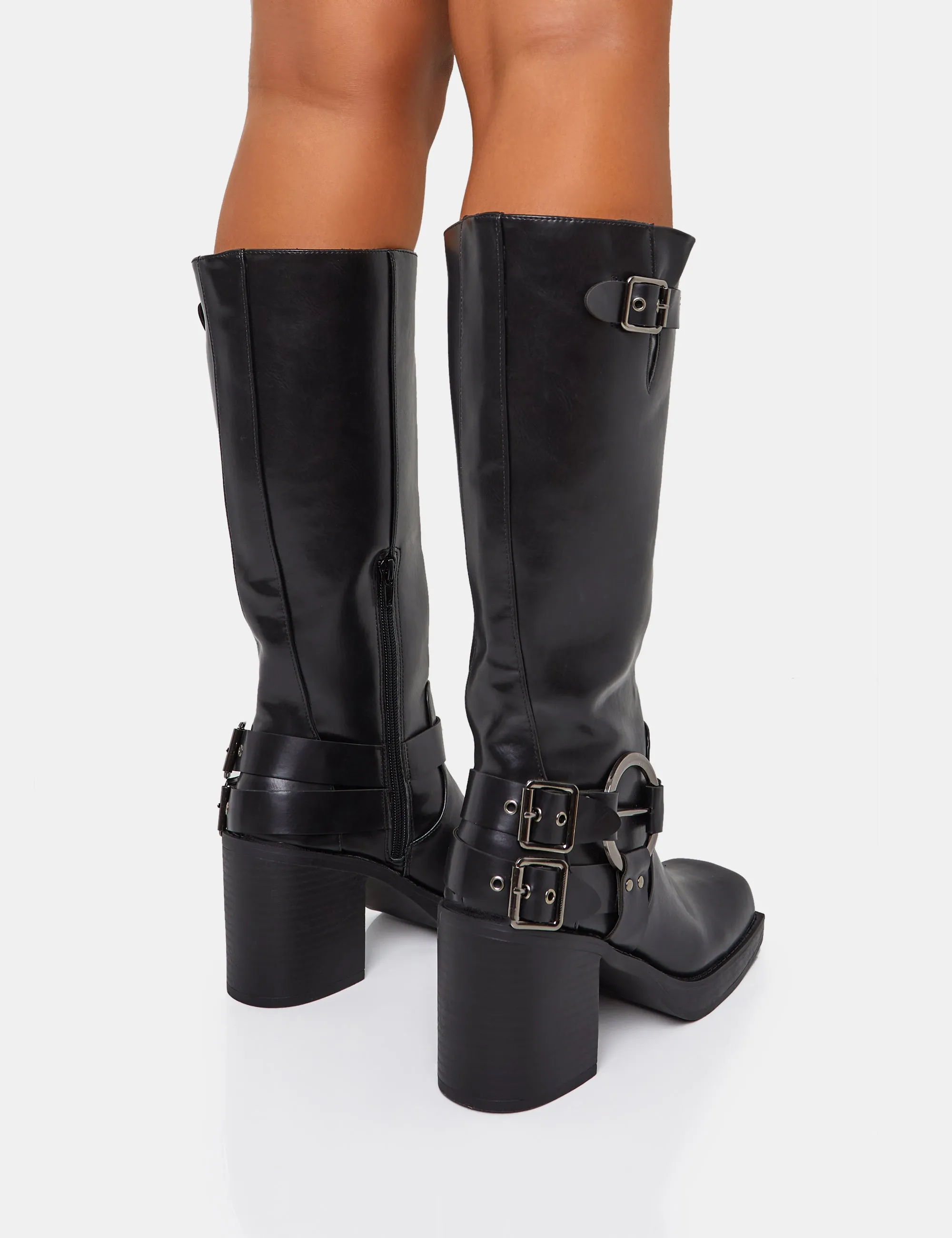 Jen Biker Black Buckle Silver Detail Block Heel Knee High Boots