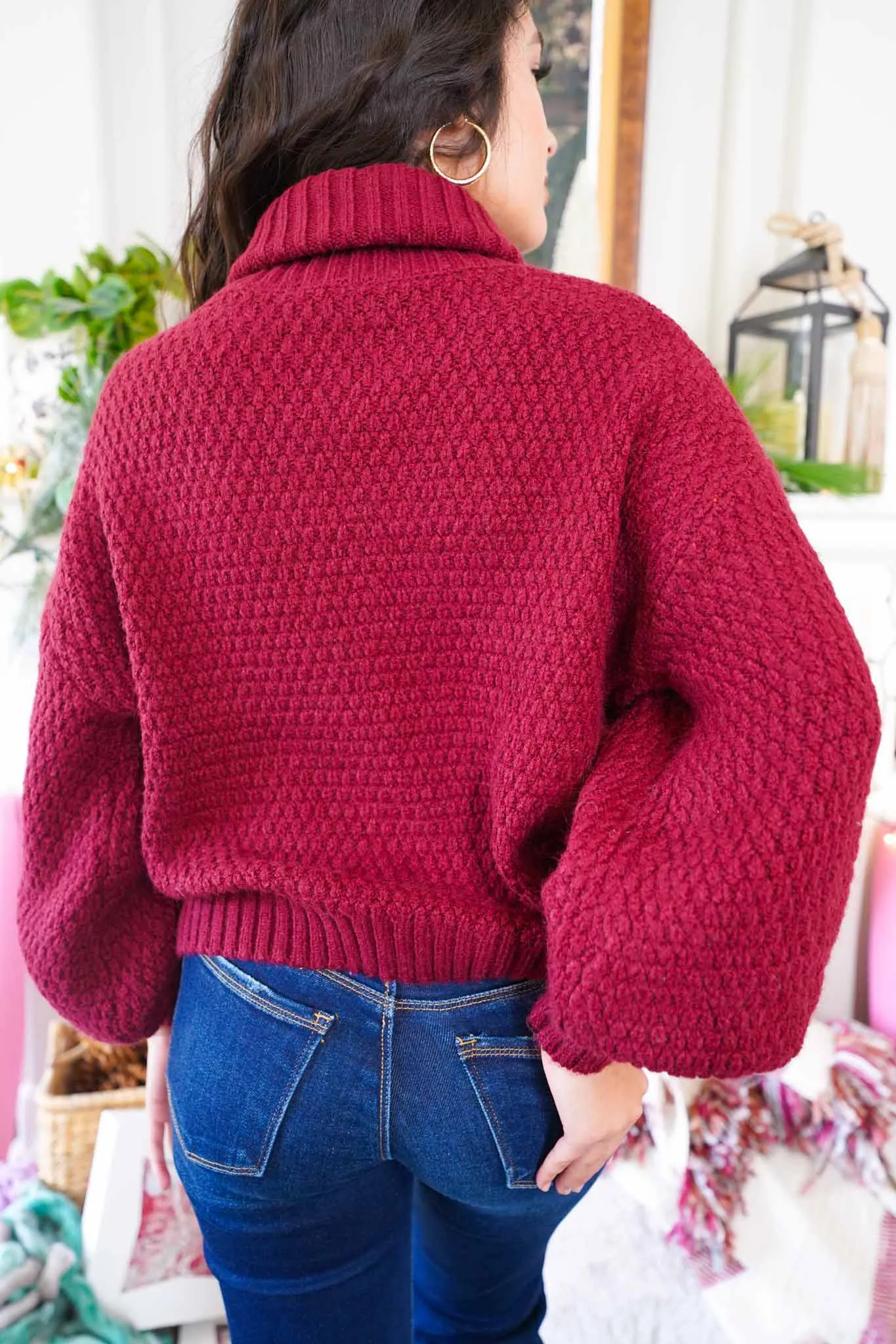 Jolly Holly Textured Knit Turtleneck Sweater - Cranberry