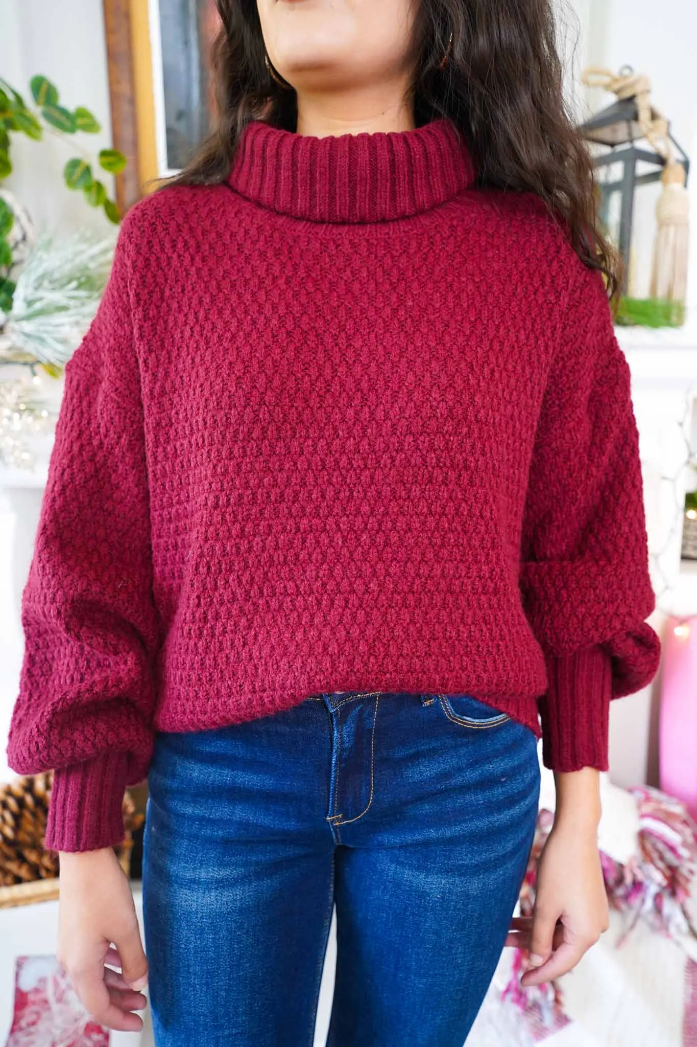 Jolly Holly Textured Knit Turtleneck Sweater - Cranberry