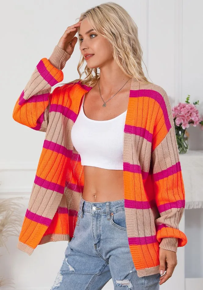 kesley Contrast Striped Drop Shoulder Open Front Cardigan