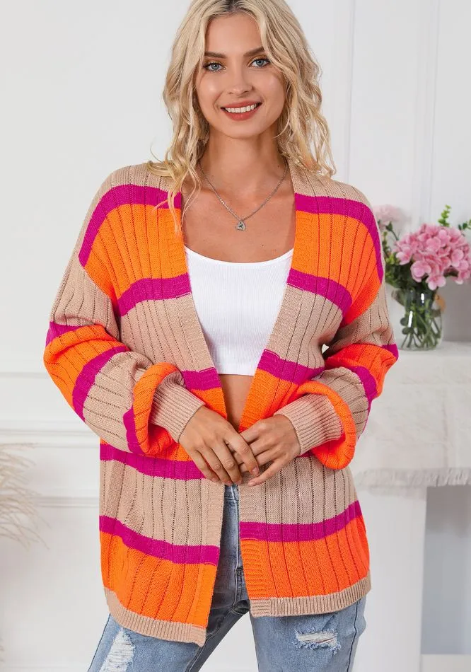 kesley Contrast Striped Drop Shoulder Open Front Cardigan