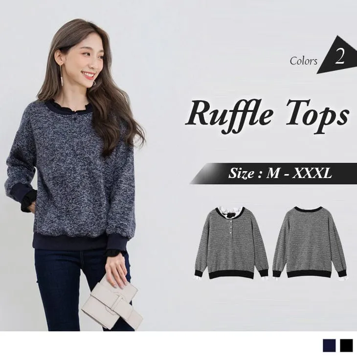 LONG SLEEVE RUFFLE COLLARED TOPS