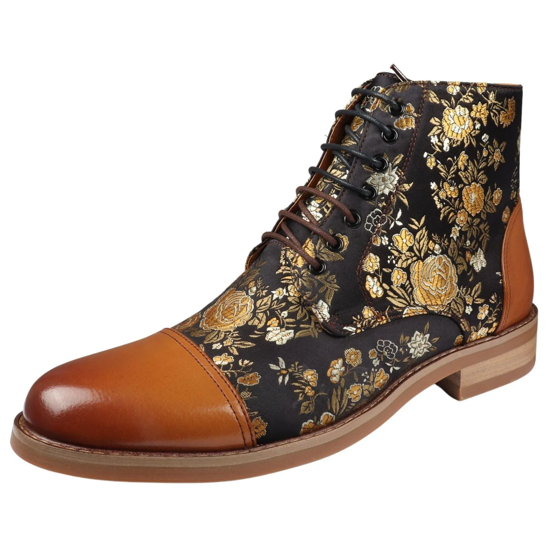 Men's Boot Oxford Brogue Floral Print Lace Up Leather Ankle Boots