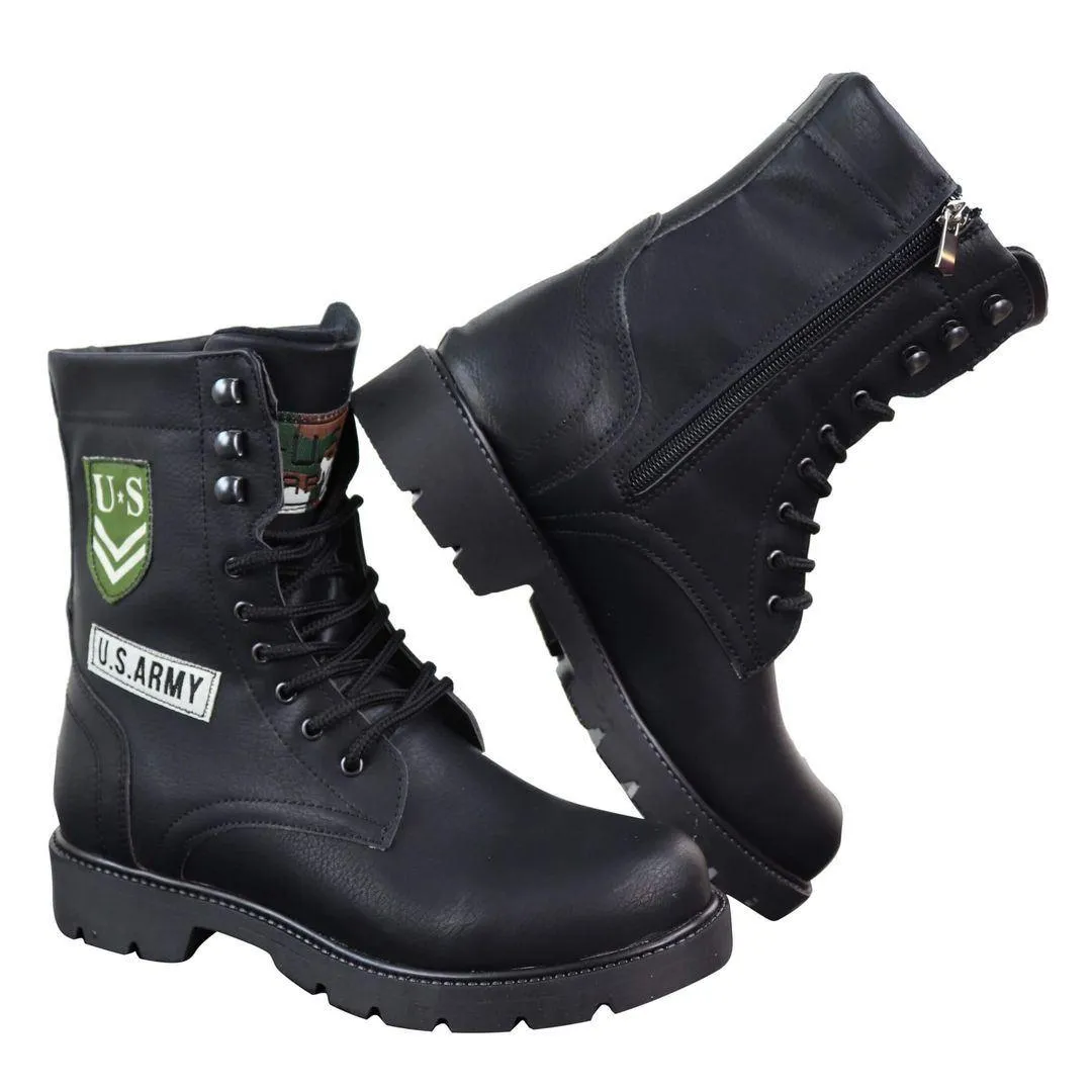 Mens US Military Army Laced Zip Ankle Boots Casual Combat Hiking PU Leather