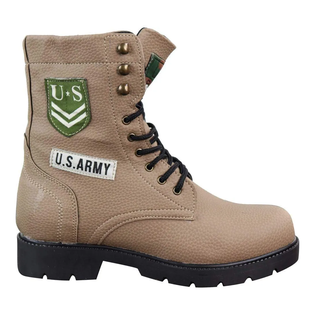 Mens US Military Army Laced Zip Ankle Boots Casual Combat Hiking PU Leather