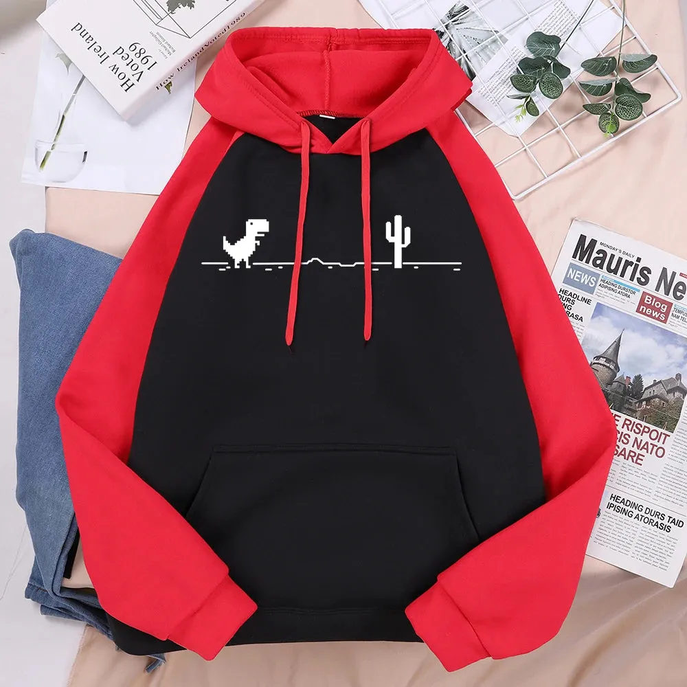 Mosaic Game Cactus Little Dinosaur Men Hoodies Autumn Loose Streetwear O-Neck Casual Sweatshirt Pocket Fleece Warm Mans Hoody