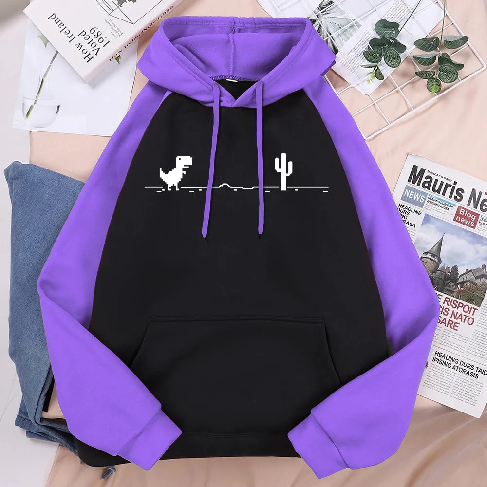 Mosaic Game Cactus Little Dinosaur Men Hoodies Autumn Loose Streetwear O-Neck Casual Sweatshirt Pocket Fleece Warm Mans Hoody