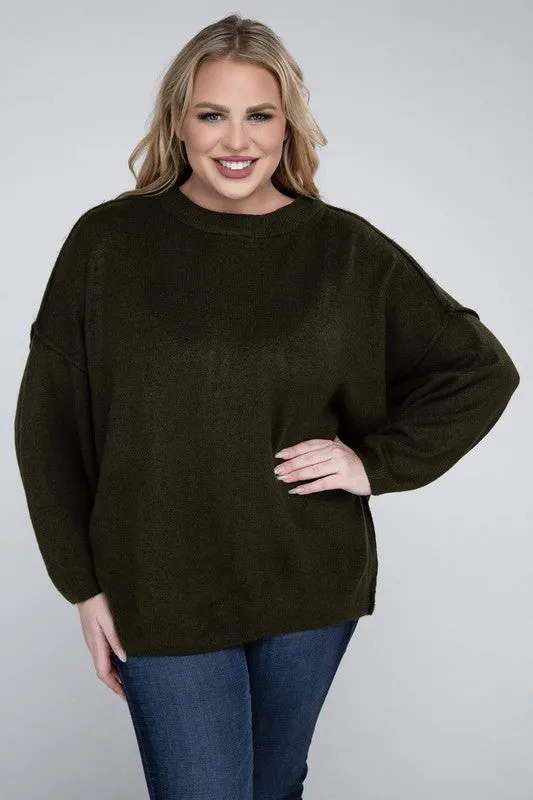 Plus Oversized Round Neck Raw Seam Melange Sweater