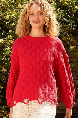 POL Solid Color Sweater with Weaved Fabric Details in Candy Apple