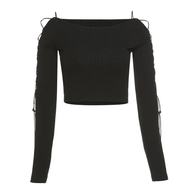 Sexy Bandage Hollow Out Gothic Punk Bodycon Crop Top Long Sleeve