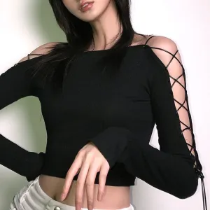 Sexy Bandage Hollow Out Gothic Punk Bodycon Crop Top Long Sleeve