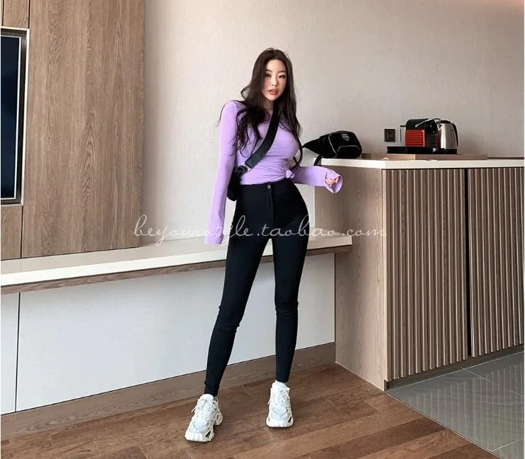 Spring Sexy Elastic Korean Style Skinny Slim Fit Long Sleeve Tops #2221