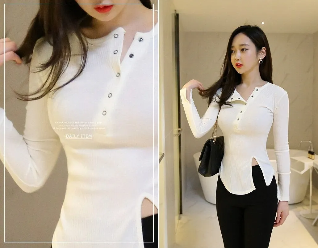 Spring Sexy Elastic Korean Style Slit Button Neck Long Sleeve