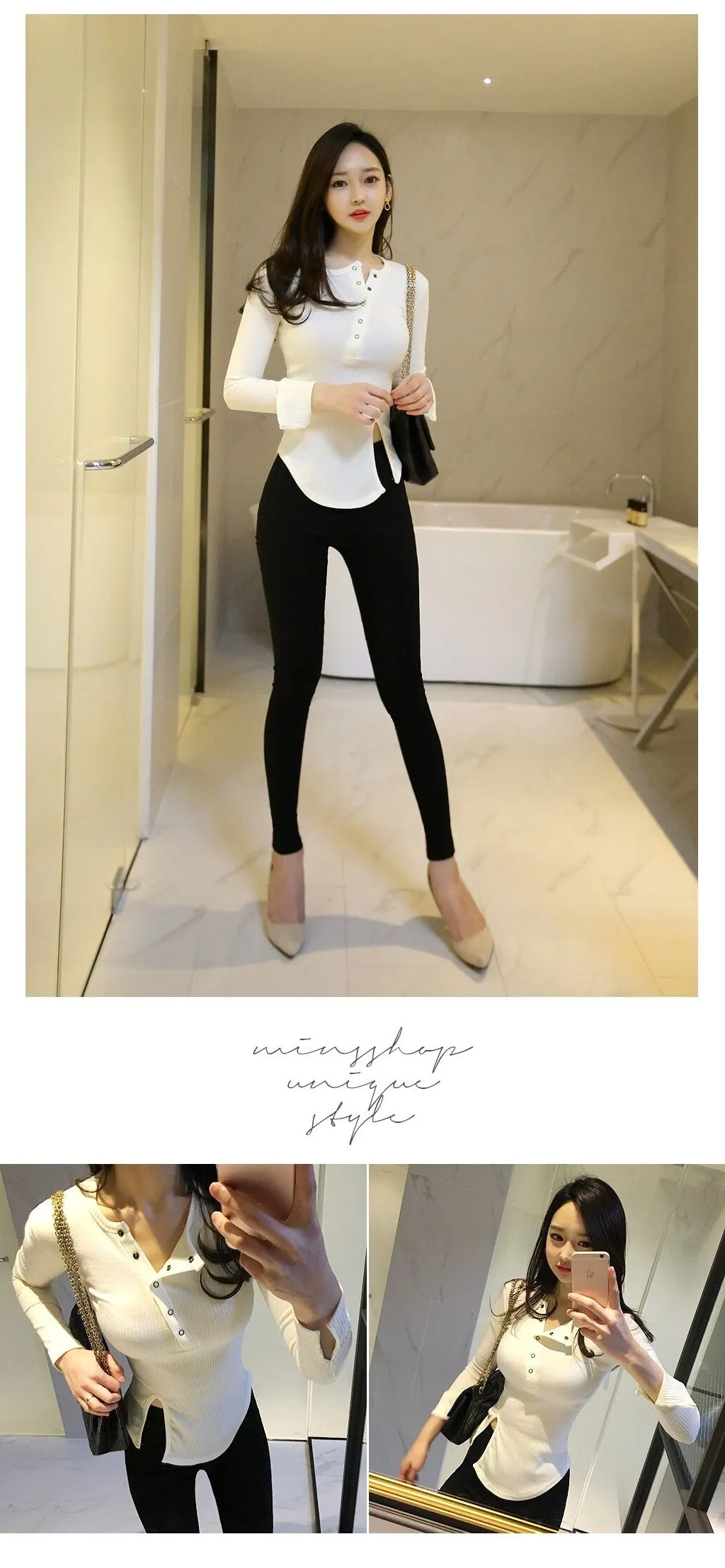 Spring Sexy Elastic Korean Style Slit Button Neck Long Sleeve