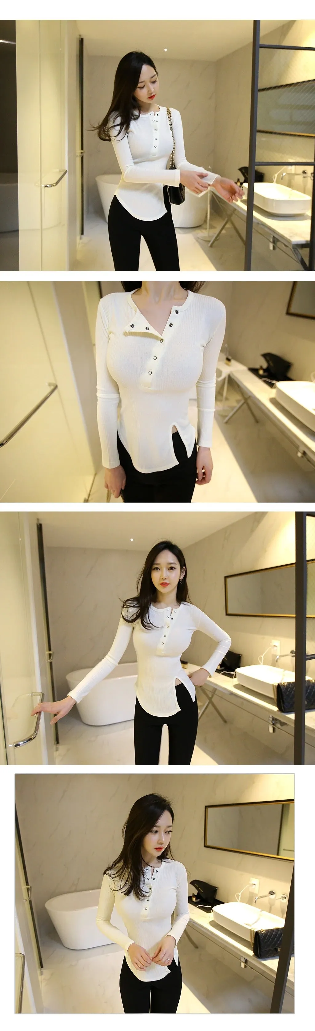 Spring Sexy Elastic Korean Style Slit Button Neck Long Sleeve