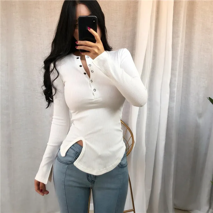 Spring Sexy Elastic Korean Style Slit Button Neck Long Sleeve