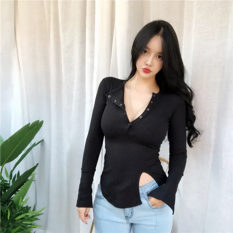 Spring Sexy Elastic Korean Style Slit Button Neck Long Sleeve