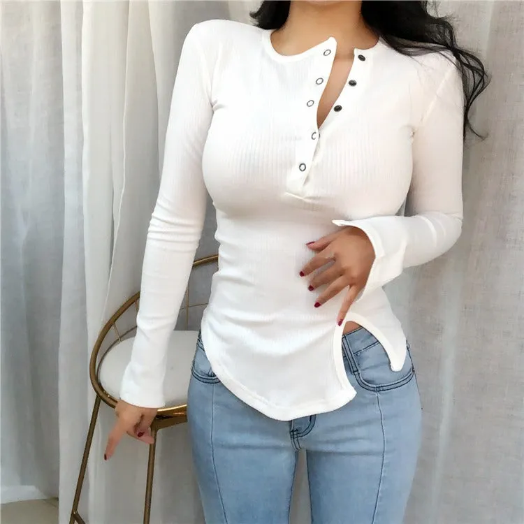 Spring Sexy Elastic Korean Style Slit Button Neck Long Sleeve