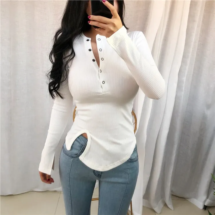 Spring Sexy Elastic Korean Style Slit Button Neck Long Sleeve