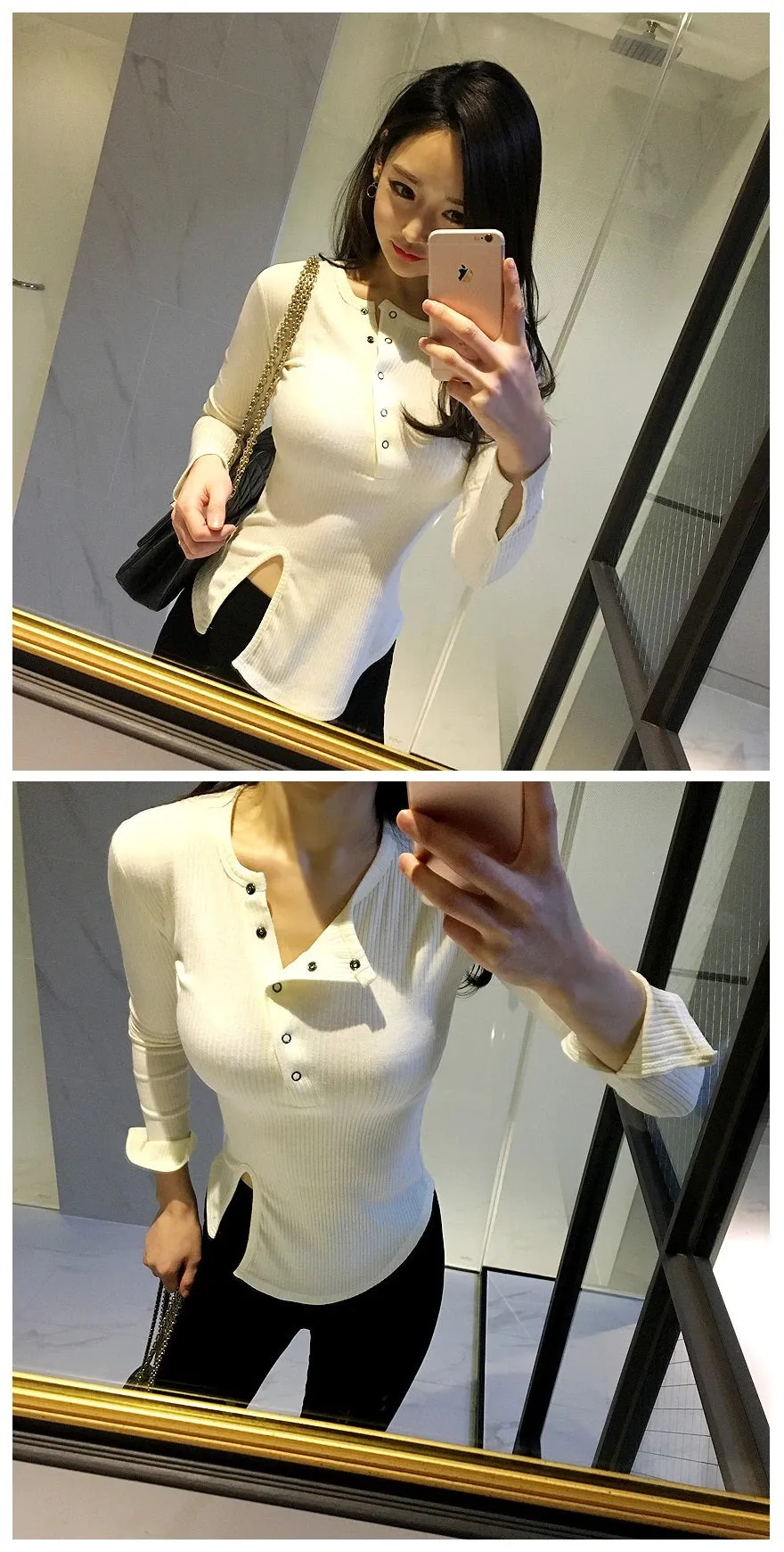 Spring Sexy Elastic Korean Style Slit Button Neck Long Sleeve