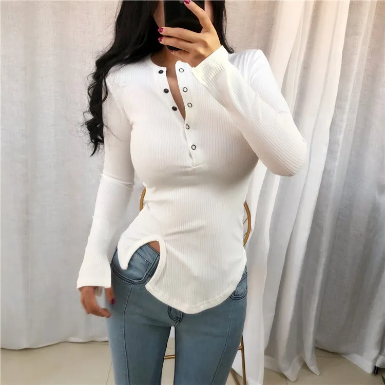 Spring Sexy Elastic Korean Style Slit Button Neck Long Sleeve