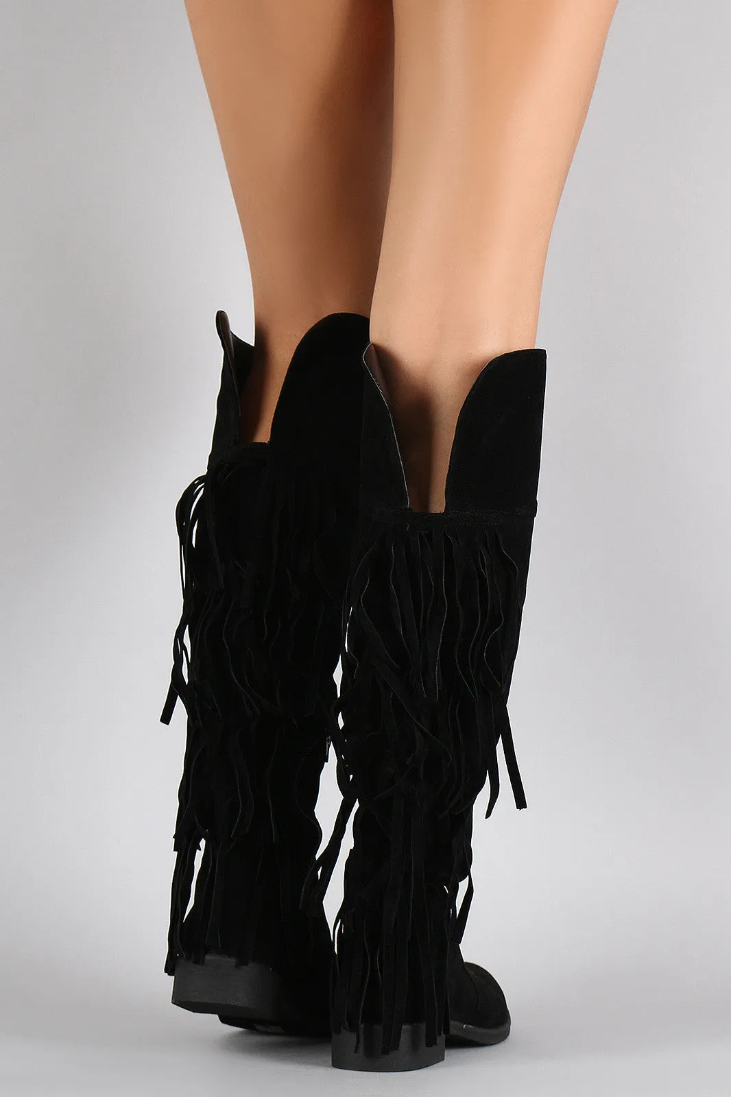 Suede Back Layered Fringe Riding Knee High Boots