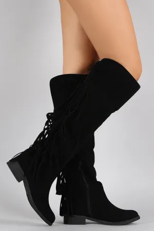 Suede Back Layered Fringe Riding Knee High Boots