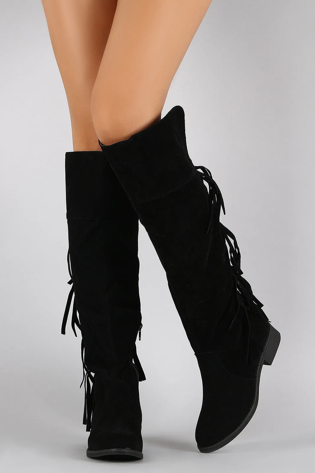 Suede Back Layered Fringe Riding Knee High Boots