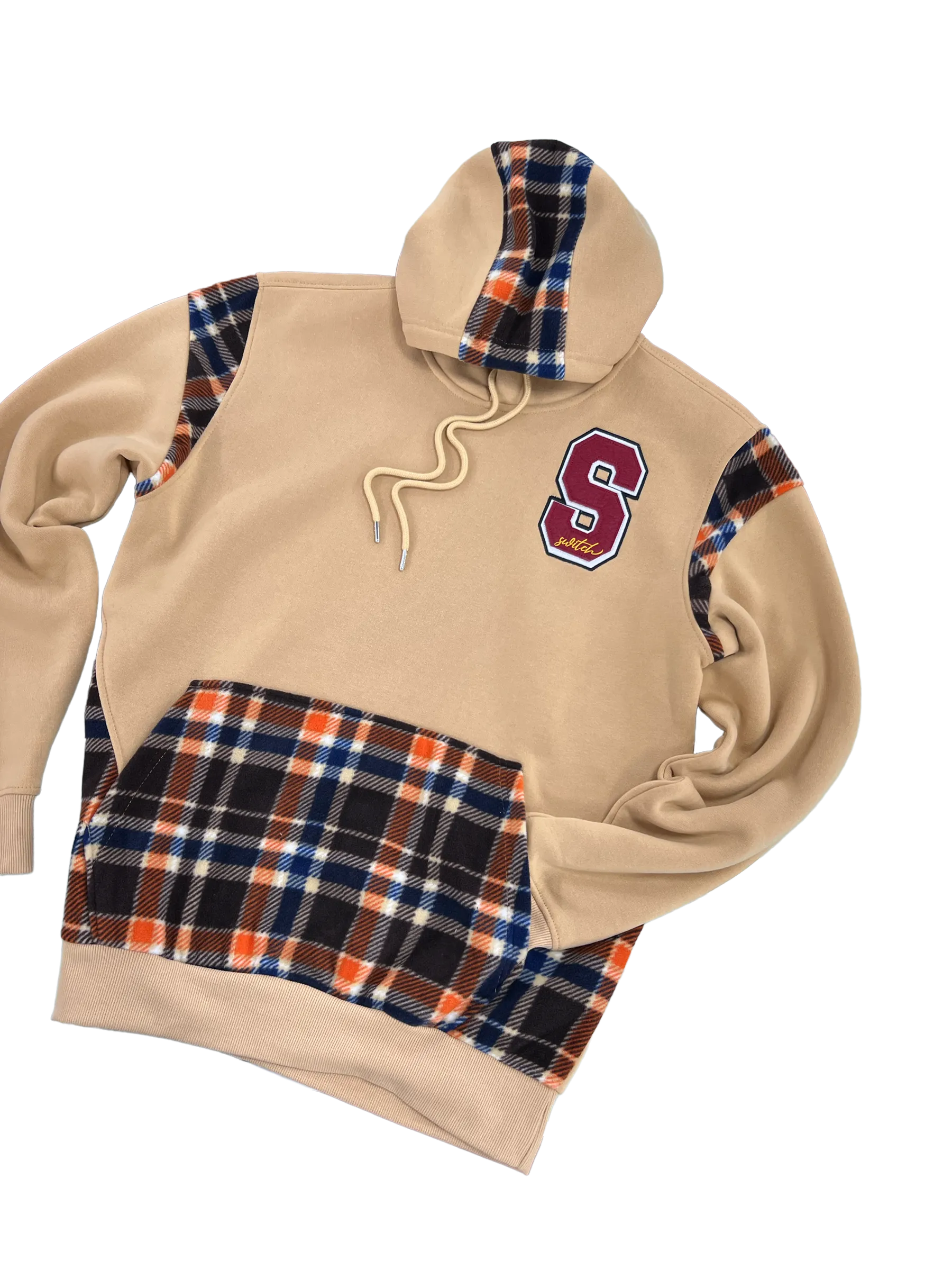 Switch Remarkable Tan Pullover Men's Plaid Pockets Hoodies Heavy Blend