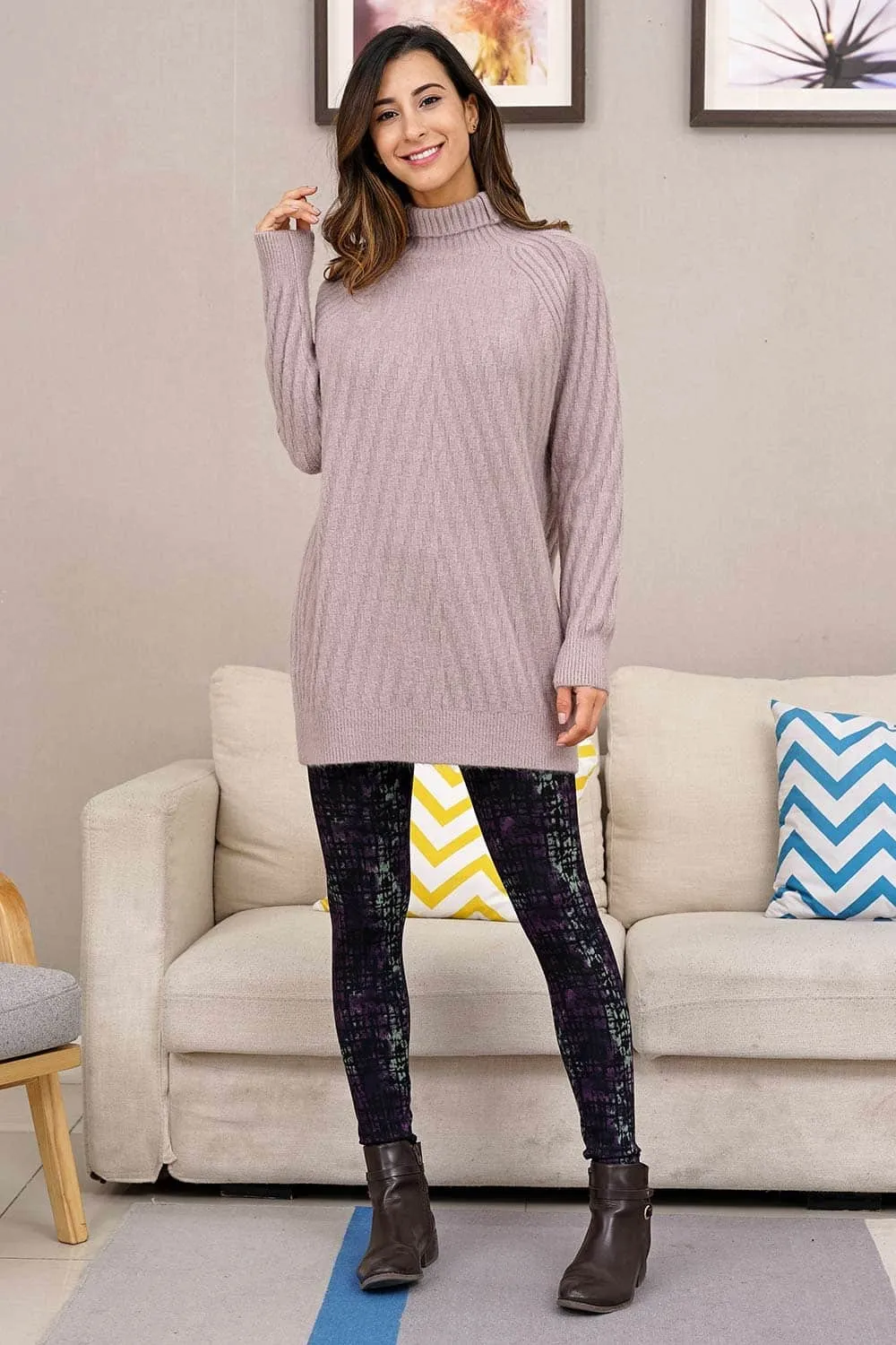 Textured Lines Soft Knit Roll Neck Tunic Sweater